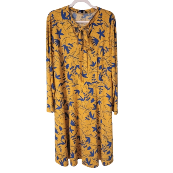Eloquii Dresses & Skirts - Eloquii Plus Size Yellow Blue Leaf Print Long Sleeve Midi Dress Size 24